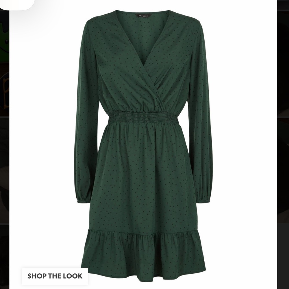 New Look Dark Green Spot Frill Wrap Dress